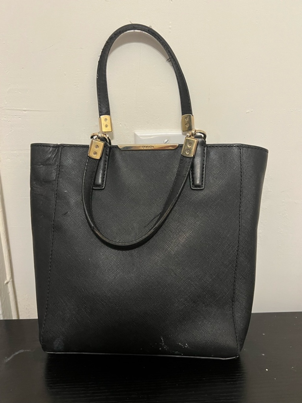 Coach Black Saffiano Leather Tote with Gold-Tone Hardware
